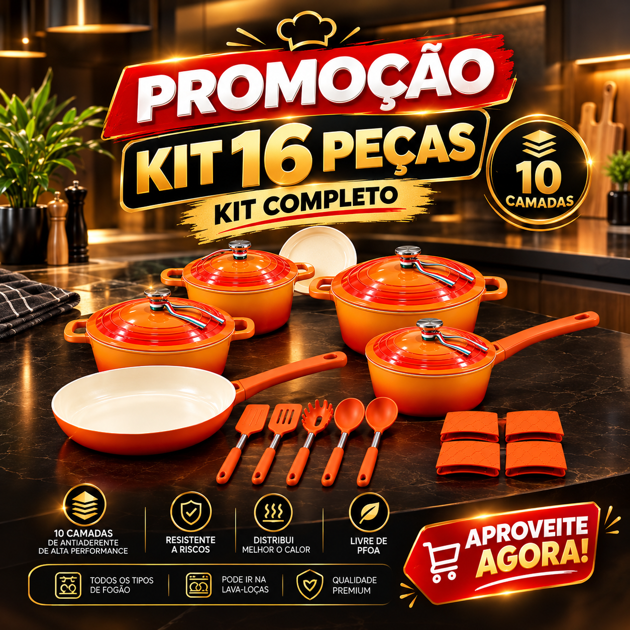 Jogo de Panelas Le Brunet Exclusiva 16 peças 10 Camadas de Cerâmica